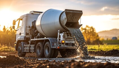 Cement Mixer Truck Pouring Concrete Sunset - Industrial