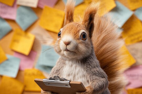 A squirrel with a clipboard, nervous expression, surrounded by sticky notes anxious planner vibes