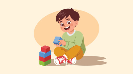 Illustration of child sitting on ground and playing with colorful building blocks, symbolizing early learning, creativity, and playful development