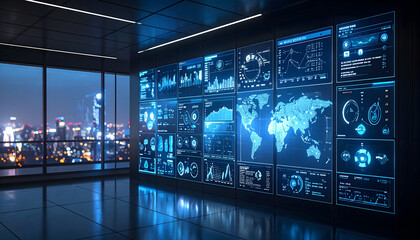 Data visualization screens in modern control room with city view