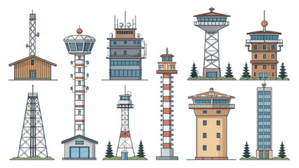 Obraz premium Collection of different hybrid tower line icons separated from each other with cabin and antenna mix blank background
