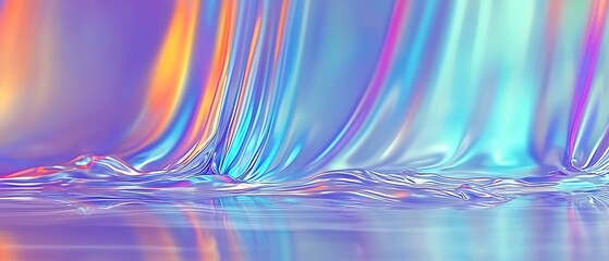 Ethereal Silk Fabric with Colorful Reflections and Glossy Texture Draped Elegantly Over a Calm Water Surface