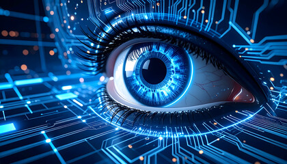 Human eye integrated with digital circuitry representing future technology