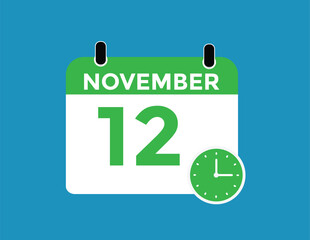 
12 November, calendar date icon. 12 November Calendar Date for Deadlines or Appointment. Day, month. vector illustration.
