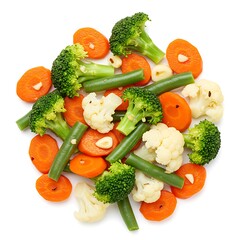 vegetable medley with olive oil and garlic, steamed soft for seniors ,isolated on white background