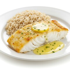 baked cod with lemon butter and brown rice, clean and senior friendly fish dish ,isolated on white background