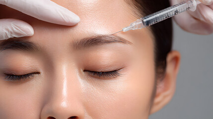 A woman receiving Botox treatment as part of cosmetic injections to improve wrinkles at a cosmetic surgery clinic