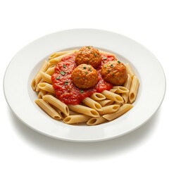whole wheat pasta with soft turkey meatballs and marinara, low sodium soft pasta meal ,isolated on white background