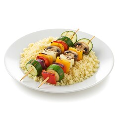 soft grilled vegetable skewers with couscous, light plant based senior lunch ,isolated on white background