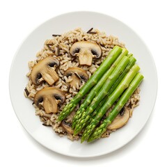 wild rice and mushroom pilaf with steamed asparagus, soft chew meal ,isolated on white background