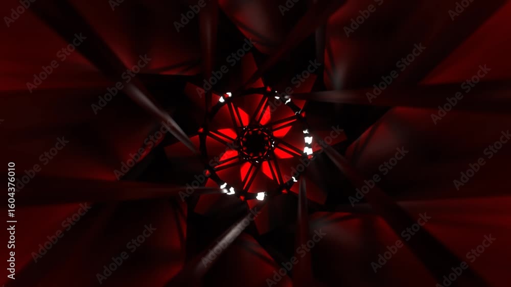 Poster abstract view down a dark red geometric tunnel with a central glowing floral pattern.