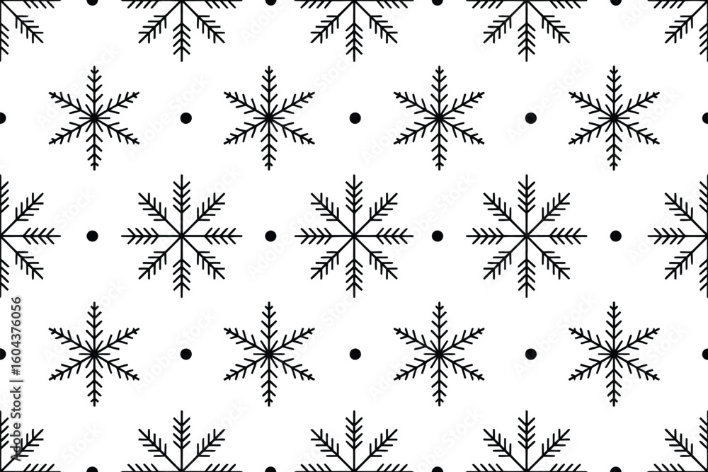 Poster a repeating pattern of black snowflake shapes and small black circles on a white background design e