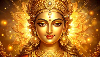Golden goddess portrait, radiant and adorned