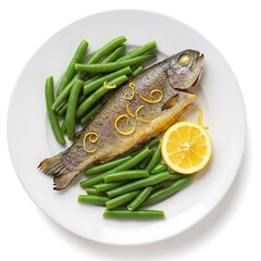 baked trout with lemon zest and green beans, senior friendly clean fish meal ,isolated on white background