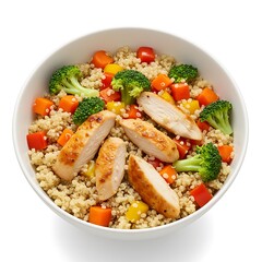 chicken and soft vegetable quinoa bowl, protein rich grain meal ,isolated on white background