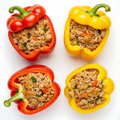 turkey and brown rice stuffed bell peppers, low fat baked meal for elderly ,isolated on white background