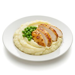 buttermilk mashed potatoes with roasted chicken and peas, classic comfort for seniors ,isolated on white background