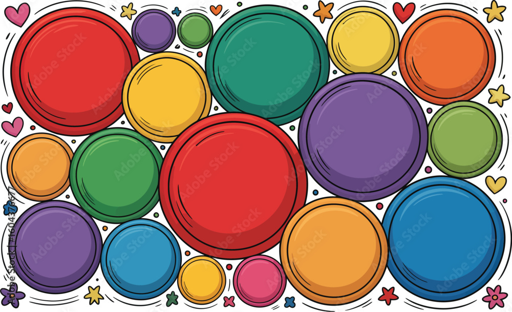 Poster a colorful array of circles with black outlines and small decorative elements scattered around them