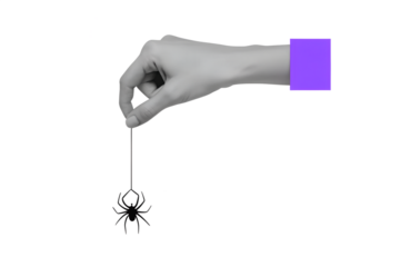 Black and white hand holding a spider on a rope. Modern photo collage style. Illustration on transparent background