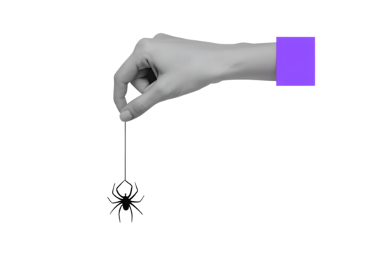 Black and white hand holding a spider on a rope. Modern photo collage style. Illustration on transparent background - Powered by Adobe