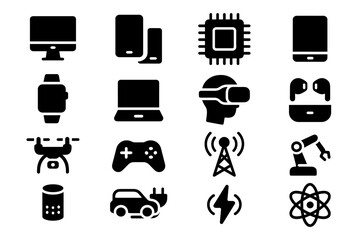 Modern technology icons collection featuring gadgets, devices, and tools in silhouette style