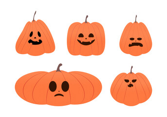 Collection of pumpkin monster design elements for Halloween themed designs with transparent background isolation