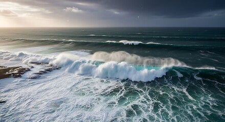 Obraz premium Dramatic ocean waves crash onto rocky shore under stormy skies, capturing raw natural power and beauty.