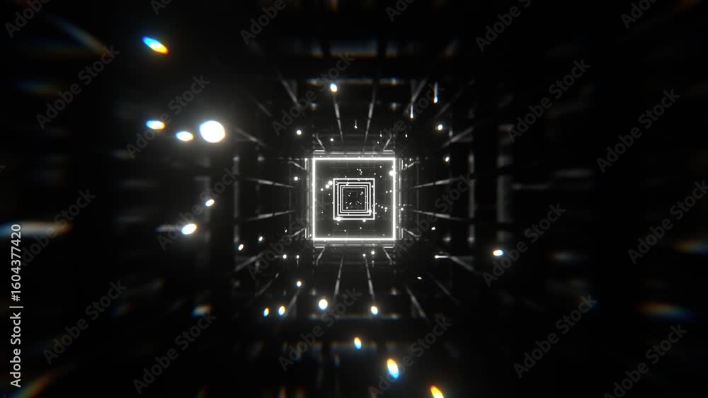Poster abstract digital tunnel with a glowing square at the center, surrounded by geometric patterns and bo