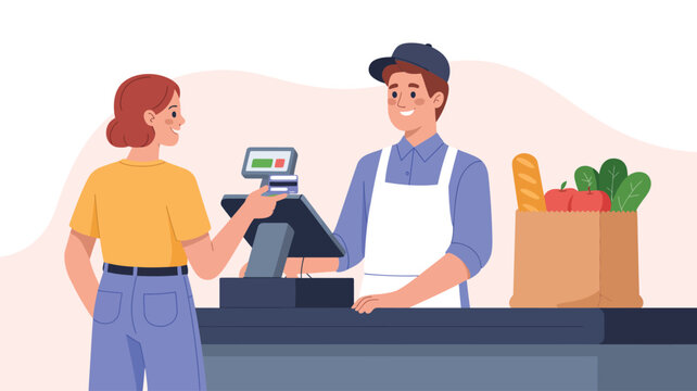 Illustration of person paying with card at grocery checkout counter, showing transaction, customer service, and fresh produce shopping