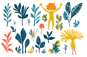 Obraz premium Cute character and different nature, foliage, branches, leaves, set. Nature, green, human impact concept.