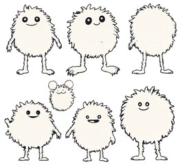 Cute furry ball monster character cartoon set. Vector illustration doodle linocut style.