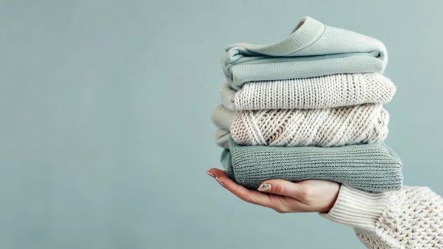 A person showcases a collection of neatly folded sweaters in soothing colors, perfect for autumn and winter style