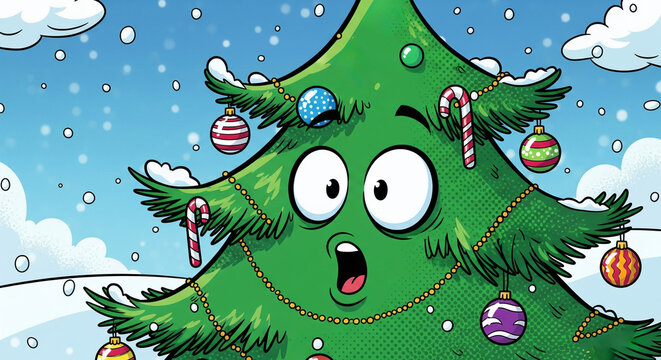 Cartoon Christmas tree with a surprised expression