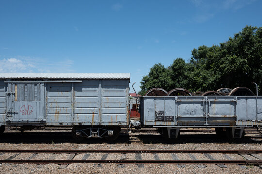 Freight wagon parked in a railway station with multiple railway tracks in Strathalbyn.