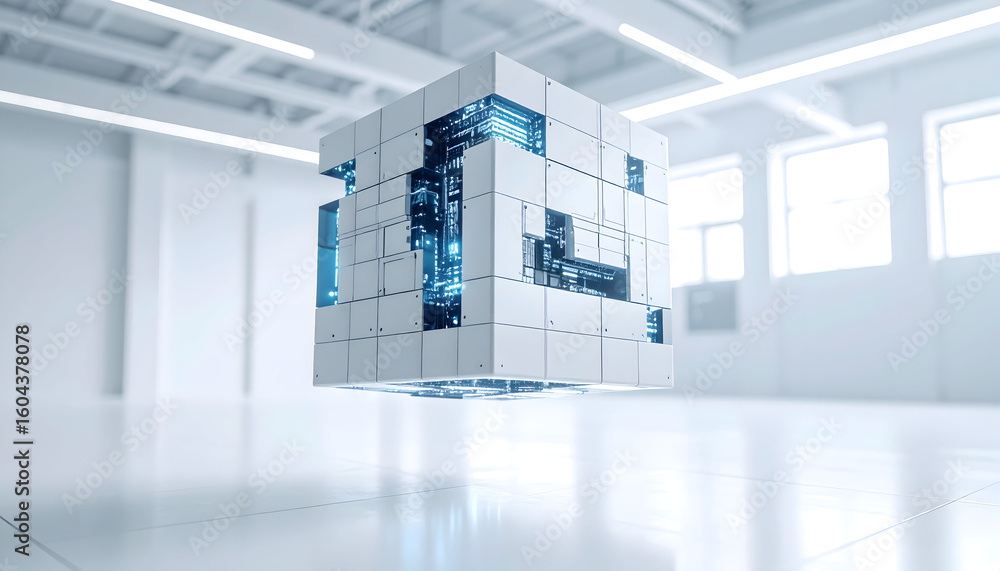 Poster abstract floating cube structure displays advanced technology in a clean room