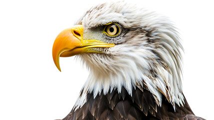 Close up view of an eagle with white head and yellow beak in a profile shot on a dark setting isolated with white background