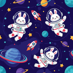 Cute rabbit astronauts floating in space, perfect for children's books, textiles, or websites.