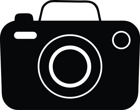 Simple black silhouette of a vintage camera with a lens and flash