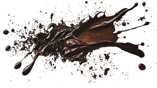 Dark chocolate splatter creating an artistic effect on a white background during a culinary presentation or food photography session on transparent background