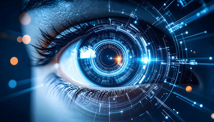 Human eye enhanced with digital circuitry displaying futuristic technology