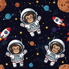 Adorable Chimpanzee Astronauts in Space: Fun Cartoon Seamless Pattern for Kids' Products