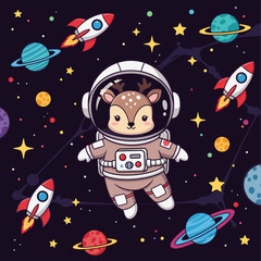 Cute Deer Astronaut in Space: Perfect for kids' apparel, space-themed websites, or children's book illustrations.