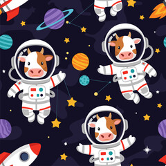 Cute cows in space suits, seamless pattern for kids' clothing or space-themed projects.