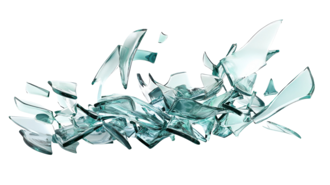 Shattered glass pieces scattered on a white background showing impact and fragility in a dynamic arrangement captured in bright lighting on transparent background