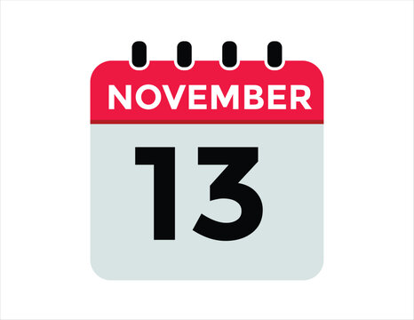 
13 November, calendar date icon. 13 November Calendar Date for Deadlines or Appointment. Day, month. vector illustration.
