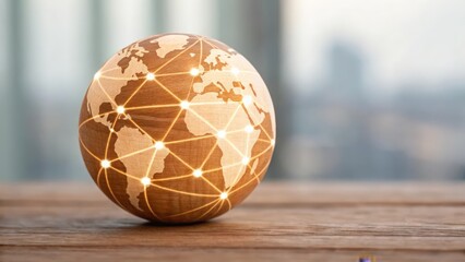 Wooden globe connected by glowing digital lines — worldwide network concept
