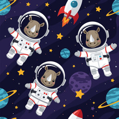 Adorable rhinos in space: A seamless pattern for kids' products, featuring cute astronauts and planets.