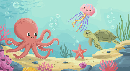 Fototapeta premium Children's chalk drawing of a whimsical underwater scene with an octopus, jellyfish and a turtle, for educational materials and decor in children's spaces 