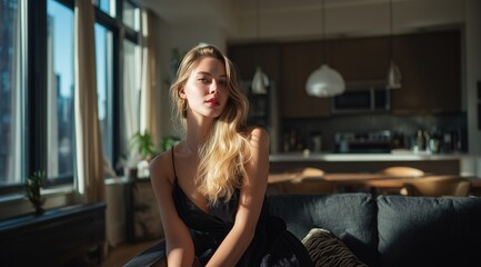 photo of a beautiful woman sitting in an apartment on a sofa .Generative AI