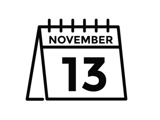 
13 November, calendar date icon. 13 November Calendar Date for Deadlines or Appointment. Day, month. vector illustration.
